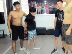 Two randy gay fellas giving blowjobs in group sex action